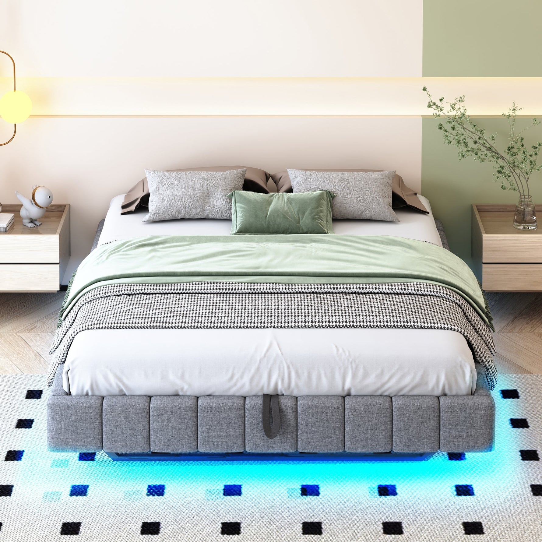 Upholstered Bed 160x200cm Hydraulic Storage LED Floating Frame, Linen Grey