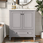 Floor-standing Bathroom Cabinet with Integrated Ceramic Washbasin and Solid Wood Legs, Grey