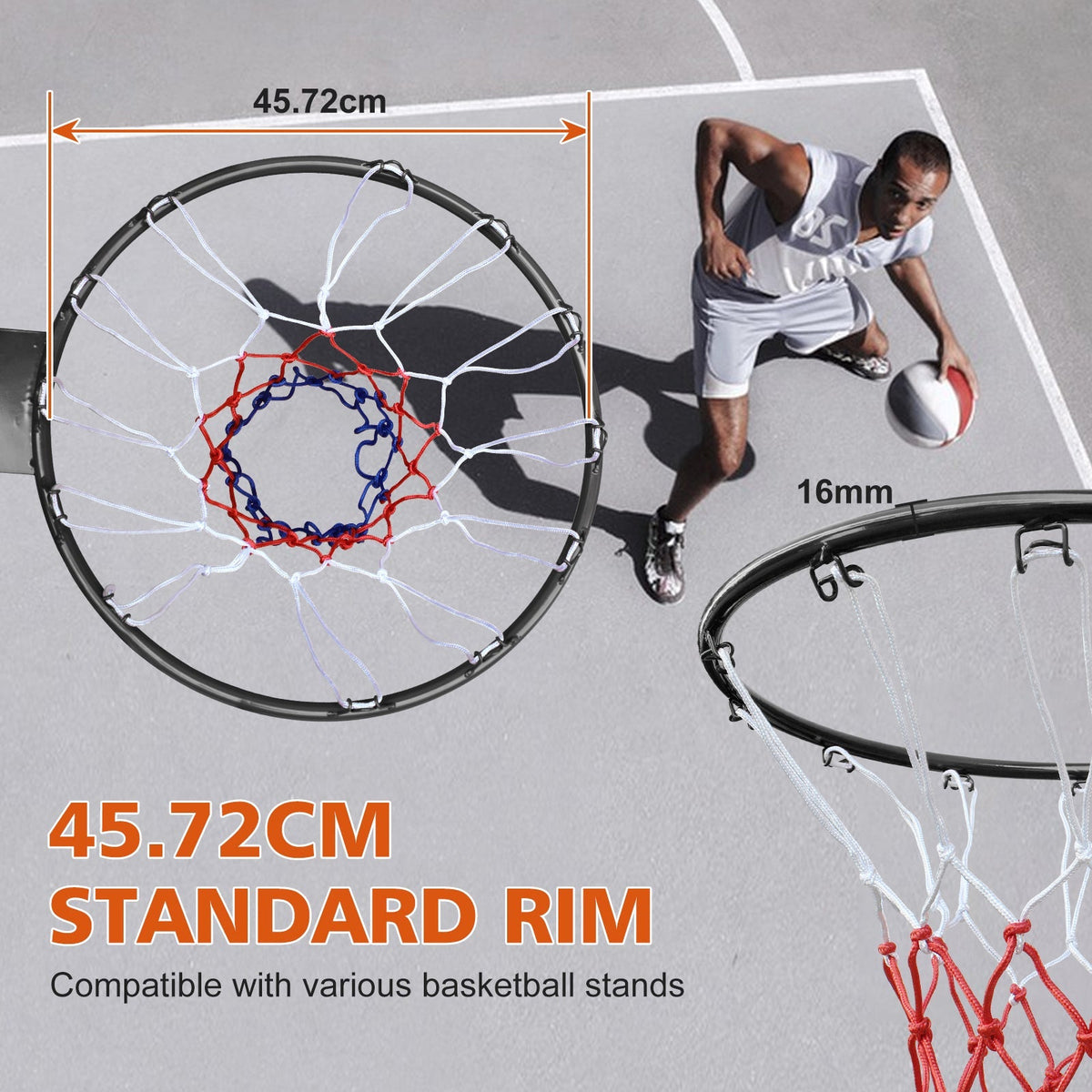 Basketball Rim Replacement, Double Spring Solid, In-Ground & Wall-Mounted Steel, Black