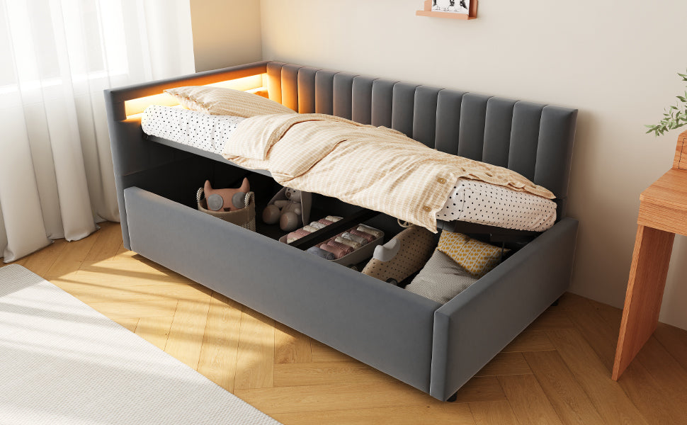 Upholstered Sofa Bed 90x200, with LED & Hydraulic Storage, Velvet Grey