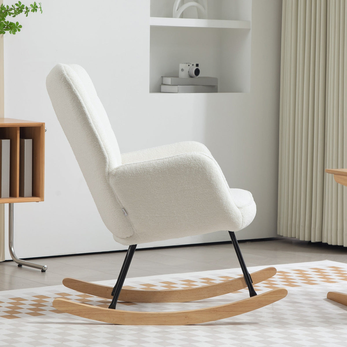 Rocking Chair, Upholstered, Wooden Base, White