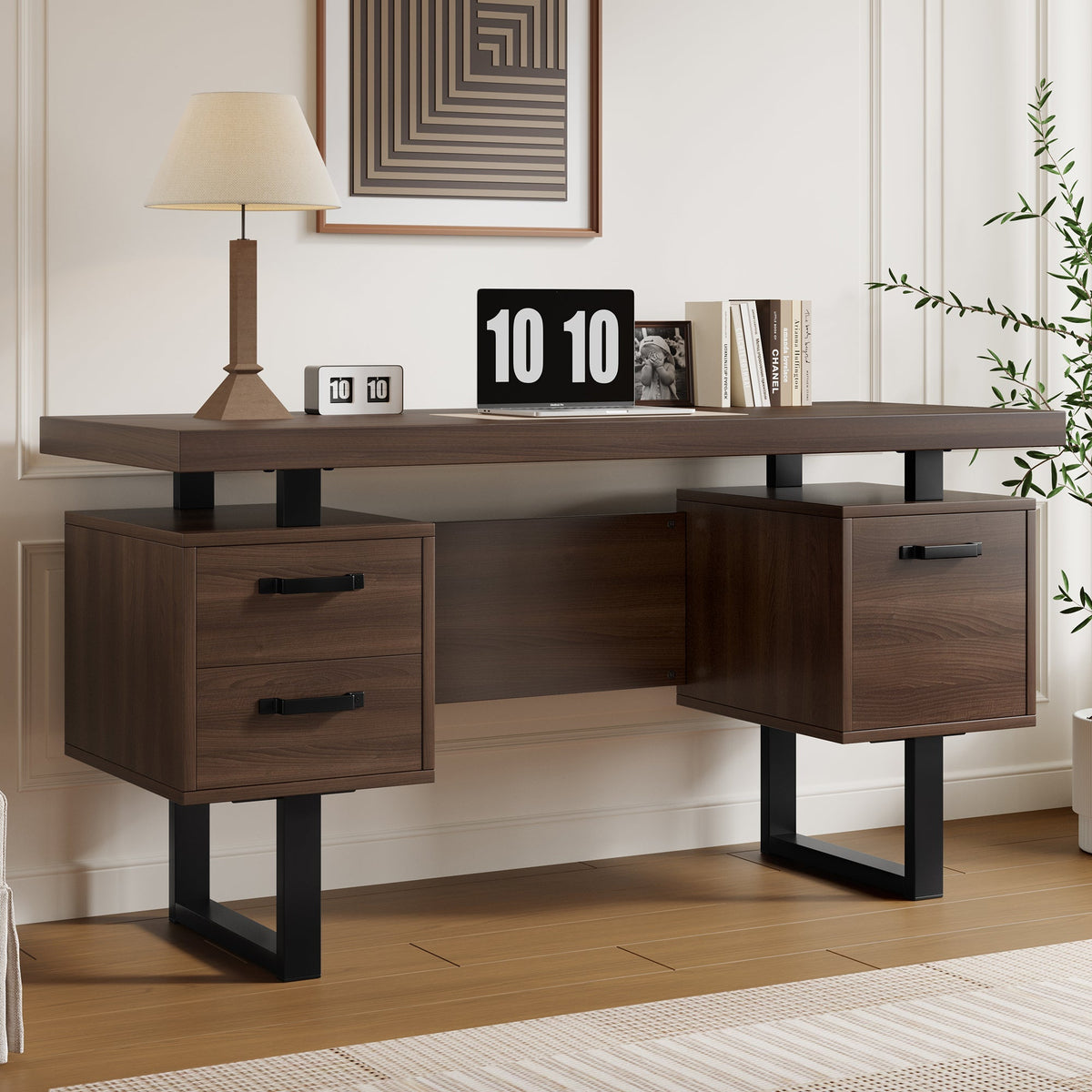 Simple Office Desk with Silent Drawer and File Drawer, 135 x 54 cm, Brown