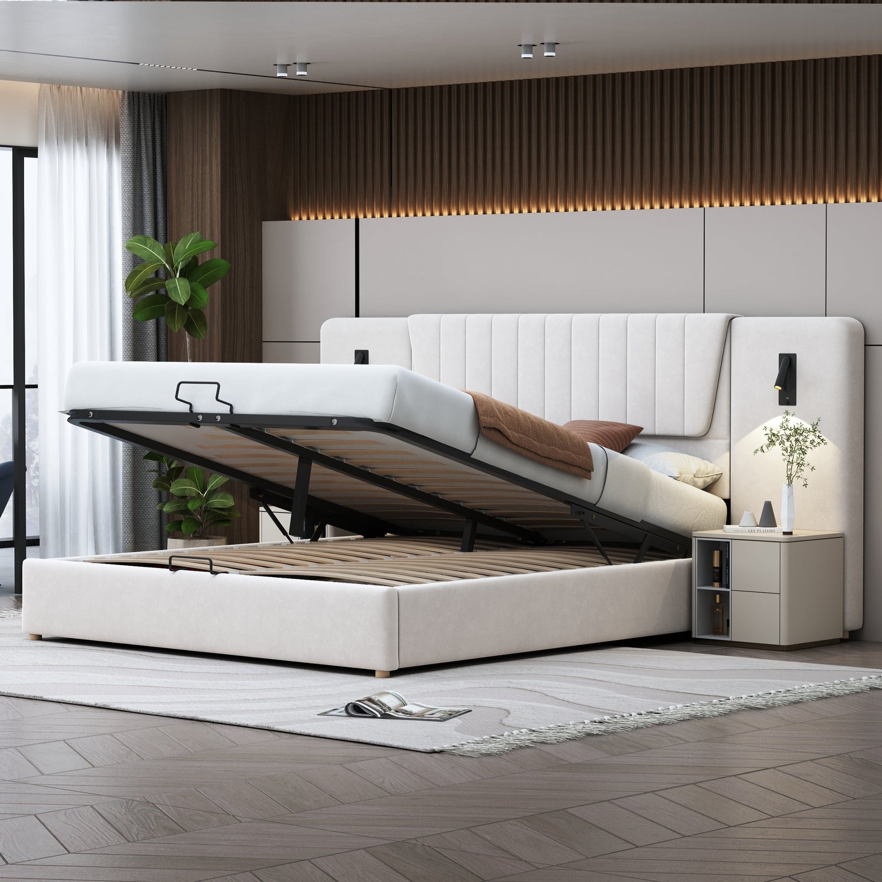 Upholstered Bed, 180*200cm, Extra-Long Backrest, Reading Lamp, USB Port, Hydraulic Storage, Beige Velvet