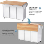 Dining Table Trolley/Sideboard, Folding Top Kitchen Island 5 Wheels 2 Drawers, White