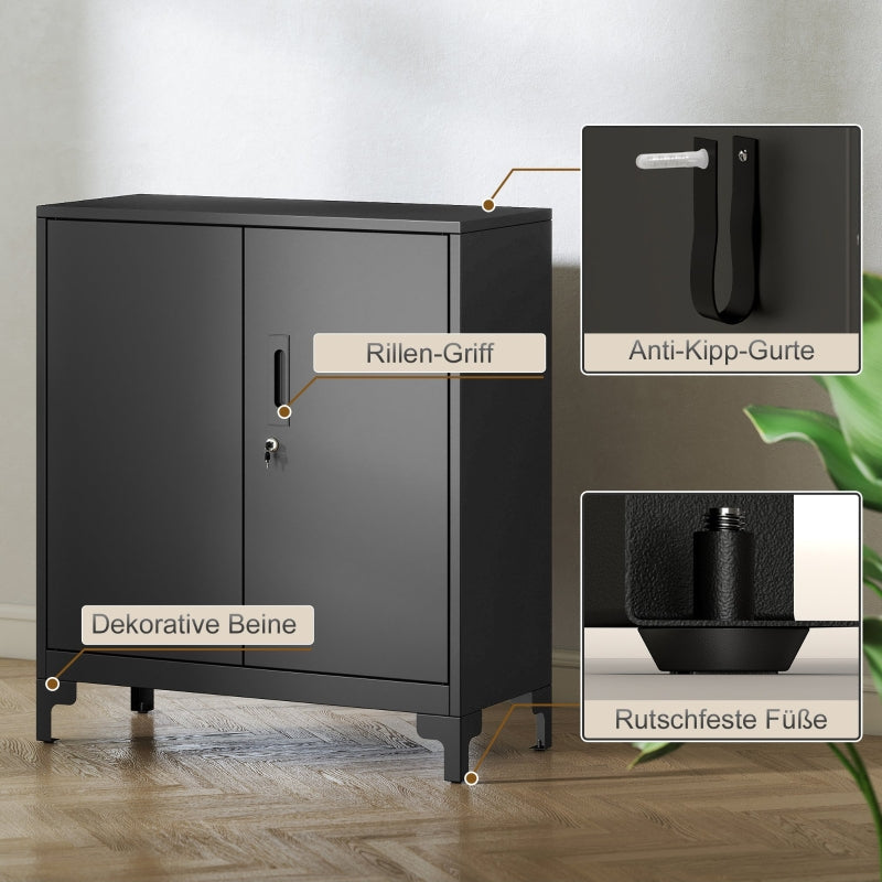 Metal Office Cabinet, Lockable 2-Tier Design, Black