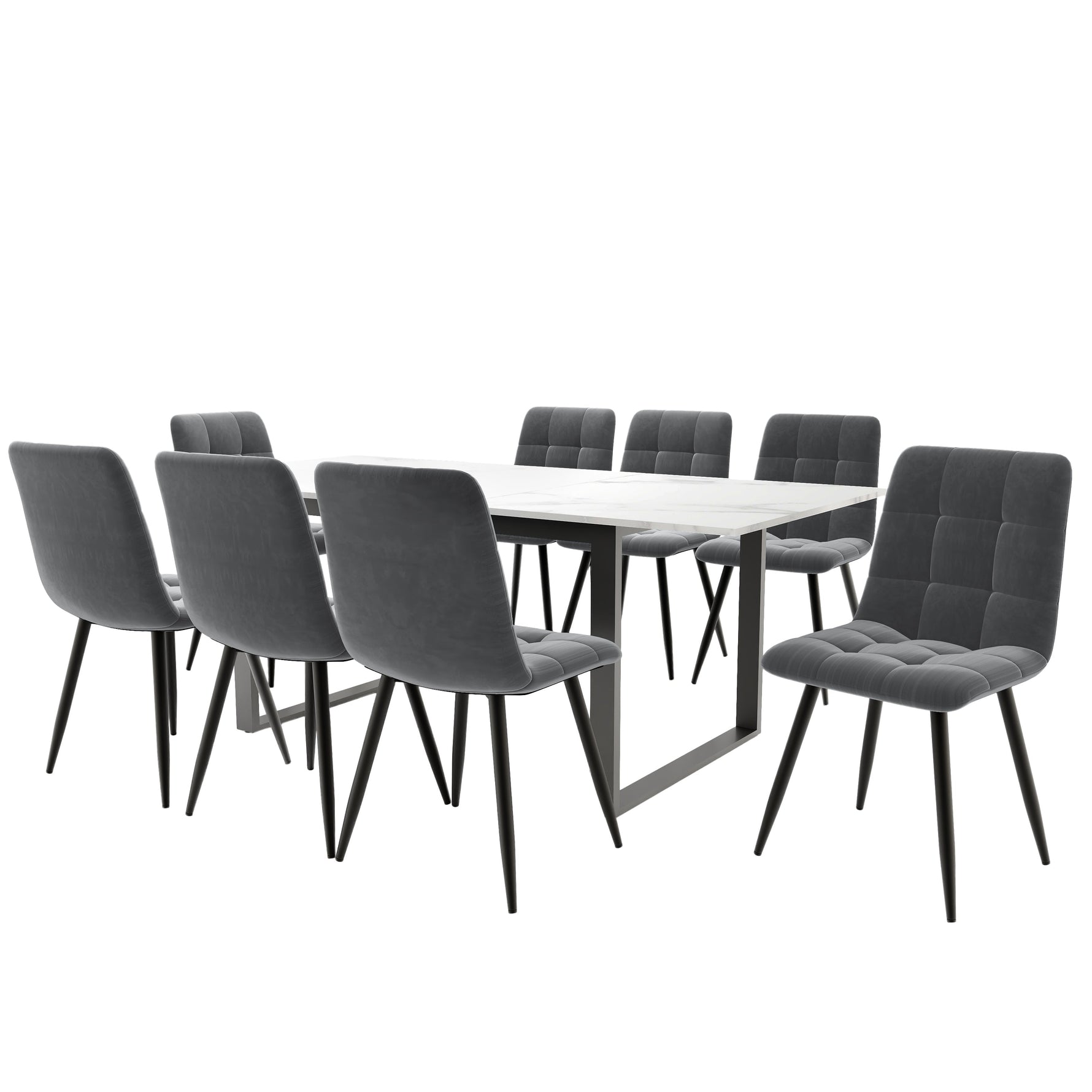 Dining Set Extendable Table 8 Chairs Grey Velvet White MDF Black