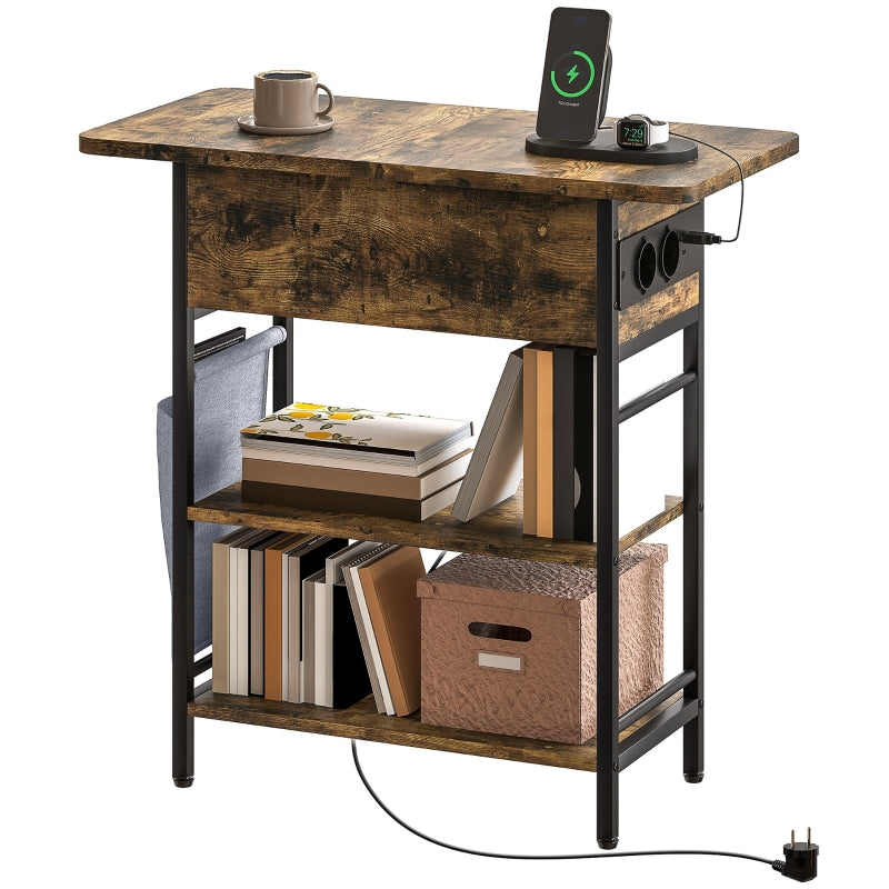 Side Table with Power Strip, 2 Levels, USB Ports, Rustic Brown