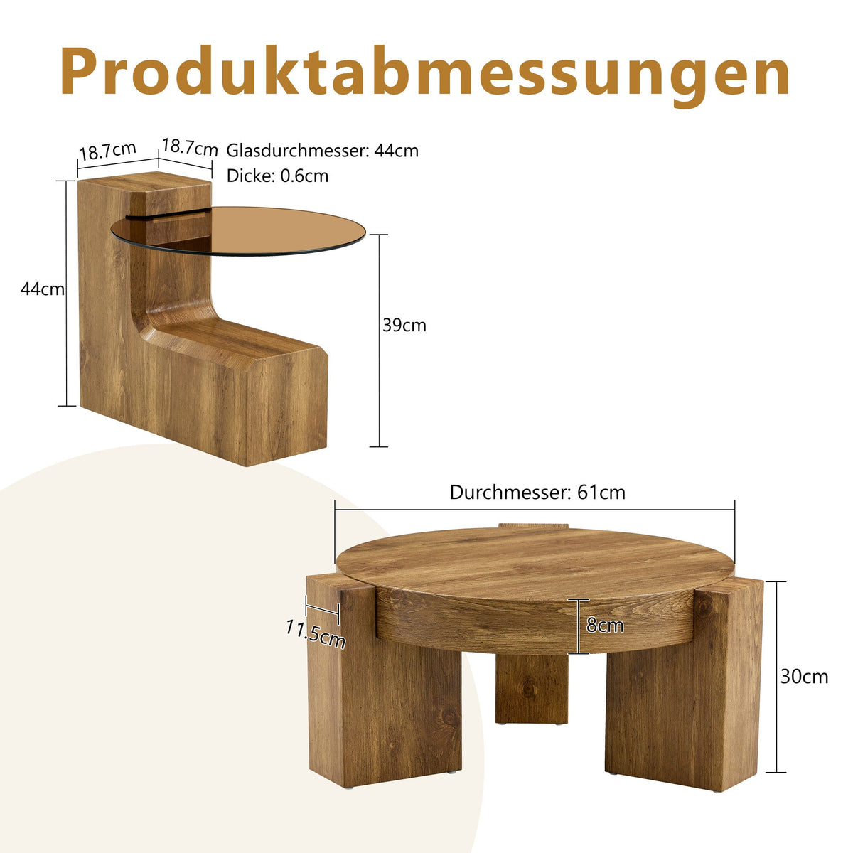 Separable Coffee Table Set MDF Wood Look Safety Glass - Brown Tinted