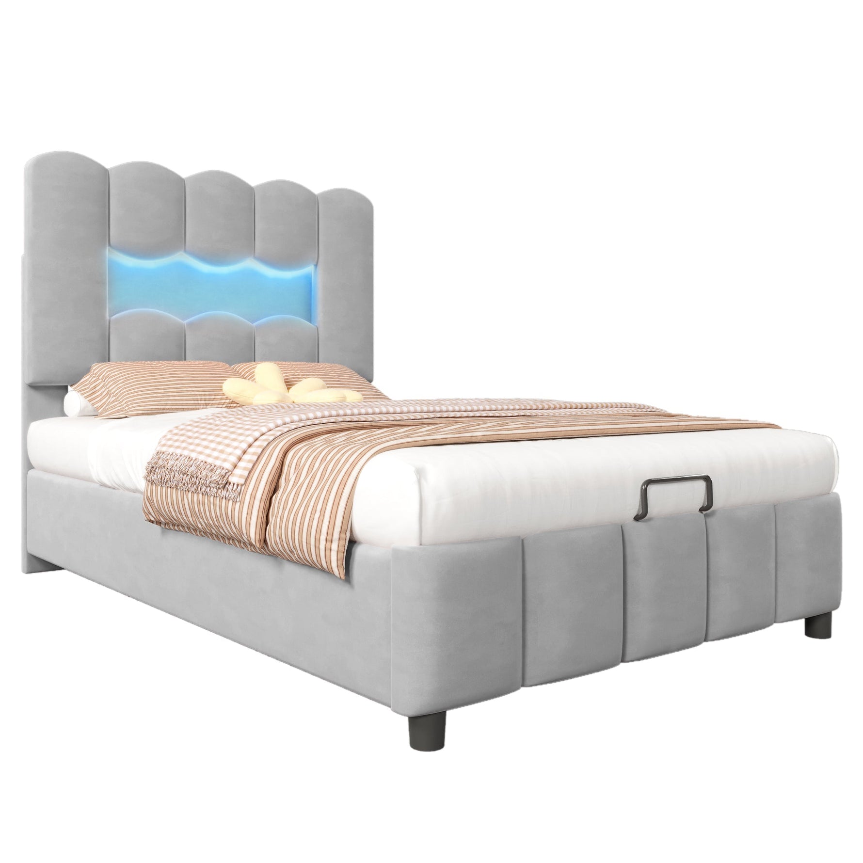 Upholstered Bed 90x200cm Hydraulic Storage LED Adjustable Headboard Velvet Grey