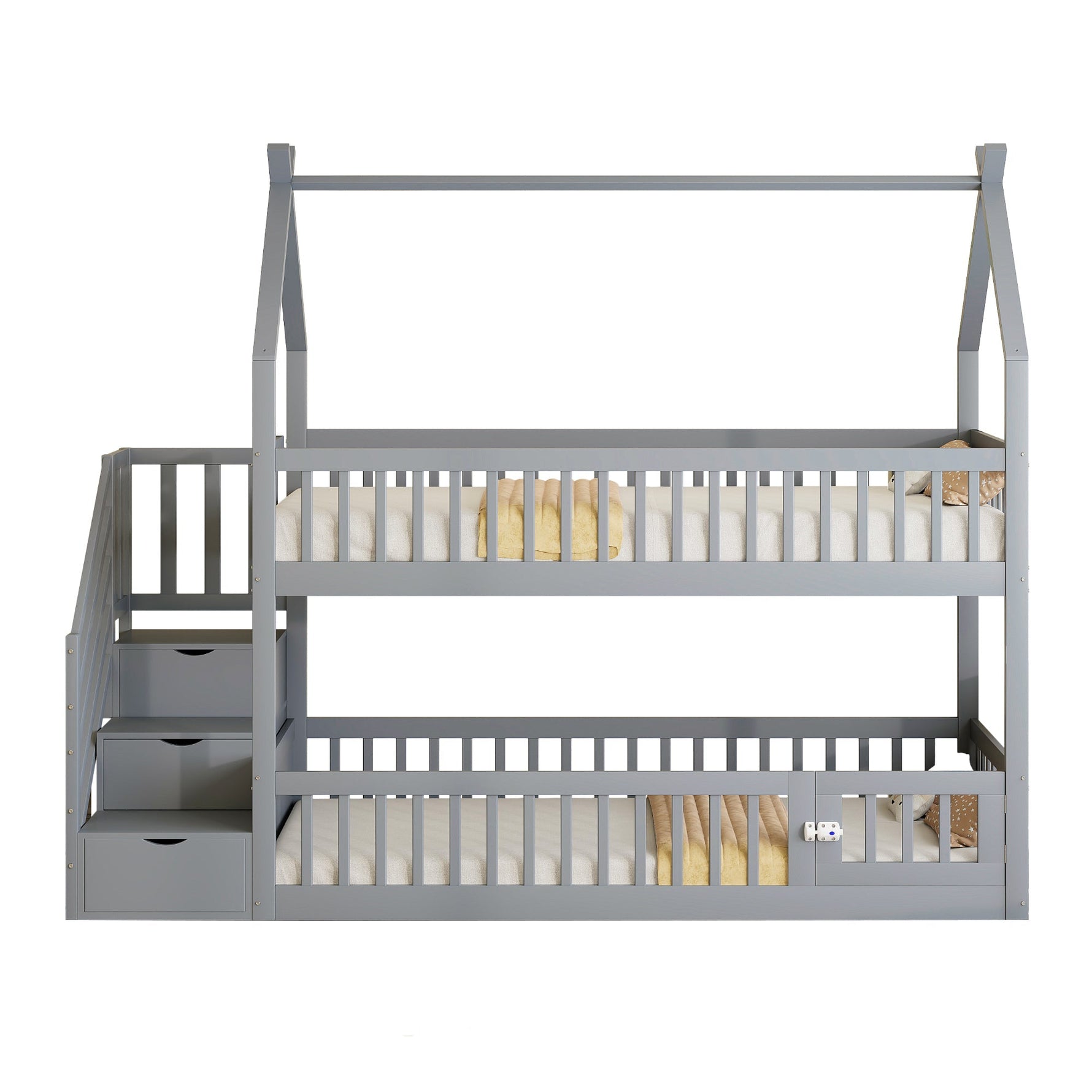 Bunk Bed, 90x200 Children's Single with Roof, Ladder & Storage Drawers, Solid Wood Gray