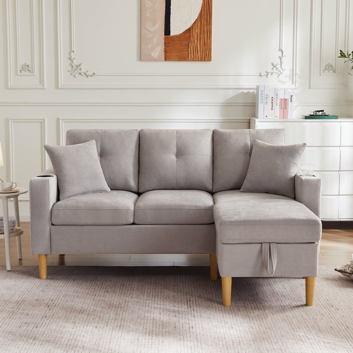 L-Shaped Sofa, 3-Seater with Chaise, Storage, Cup Holder, 2 Pillows