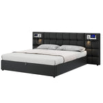 Upholstered Bed 180x200cm Hydraulic Storage USB/Wireless Charging LED Lamp - PU Black