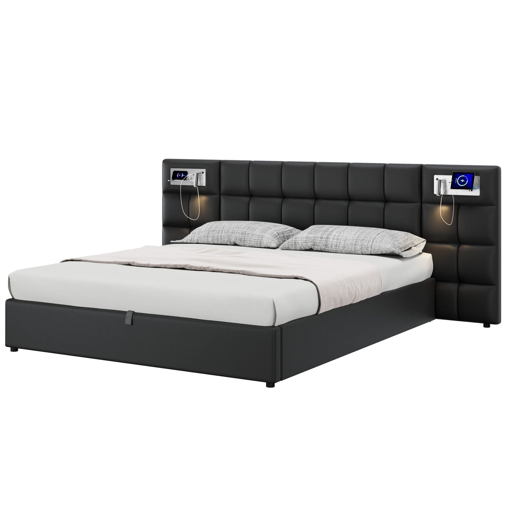 Upholstered Bed 180x200cm Hydraulic Storage USB/Wireless Charging LED Lamp - PU Black