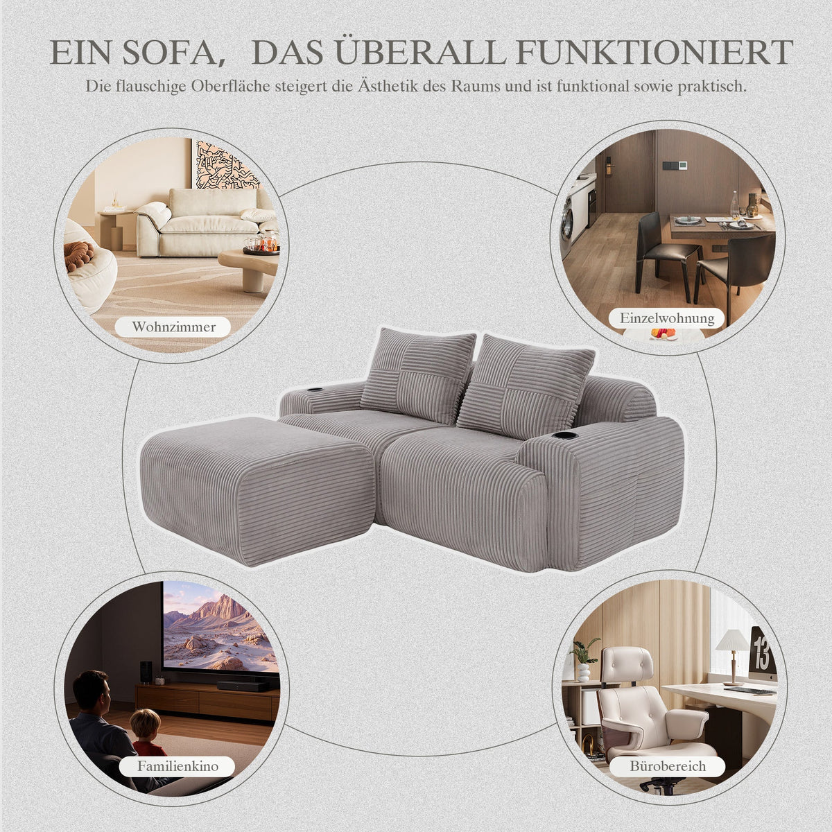 Modular Sofa for 2 People, Freely Combinable with Ottomans and Cup Holder, Light Grey Corduroy