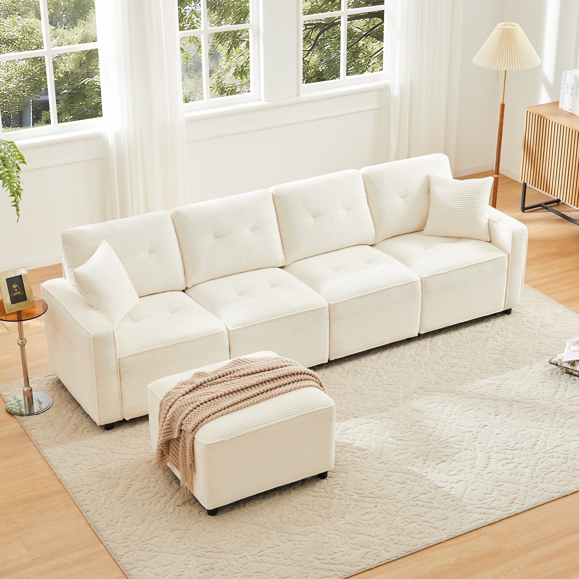 4-Seater Straight Corduroy Sofa with Under-Seat Storage and Freestanding Ottoman, Beige