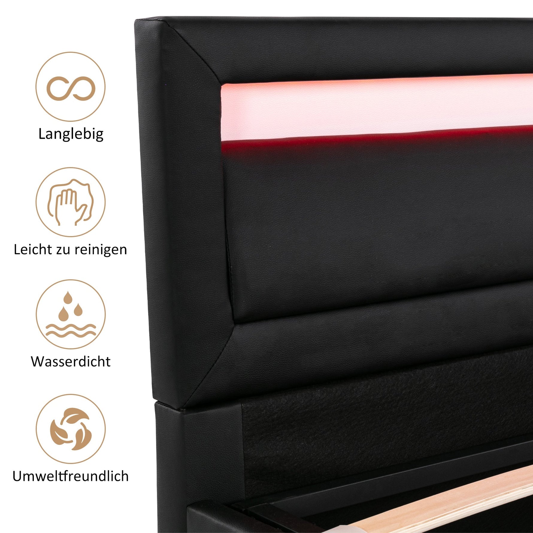 Upholstered Bed with LED Headboard, Storage and Slatted Base, 140x200cm, Black Faux Leather and Wood