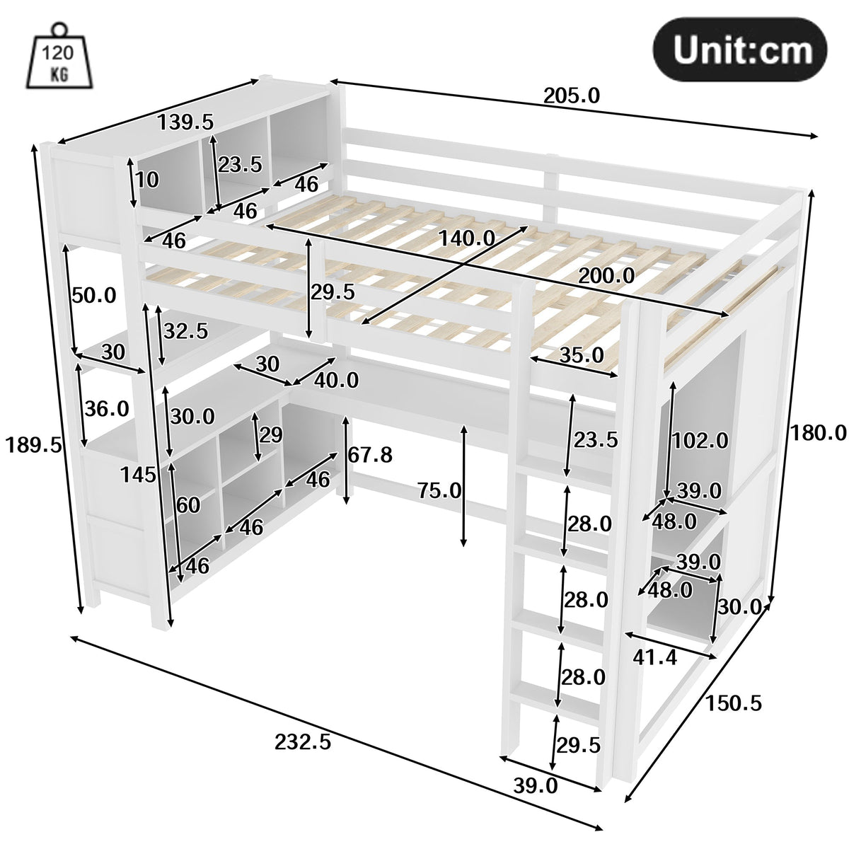 Loft Bed 140x200cm, Shelves, Desk, Wardrobe, White