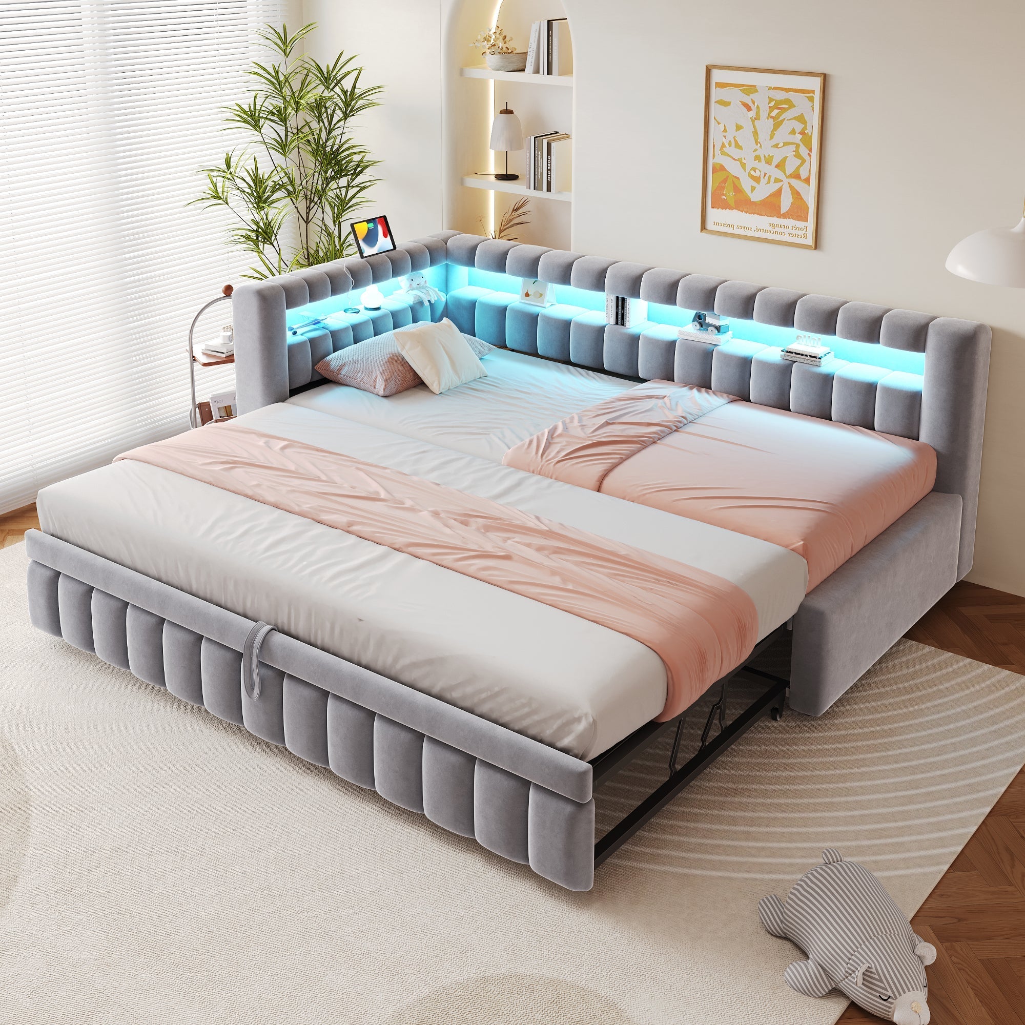 Upholstered Extendable Sofa Bed with LED Lighting, USB Port and Striped Pattern, 90x200cm, Light Grey Velvet