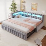 Upholstered Extendable Sofa Bed with LED Lighting, USB Port and Striped Pattern, 90x200cm, Light Grey Velvet
