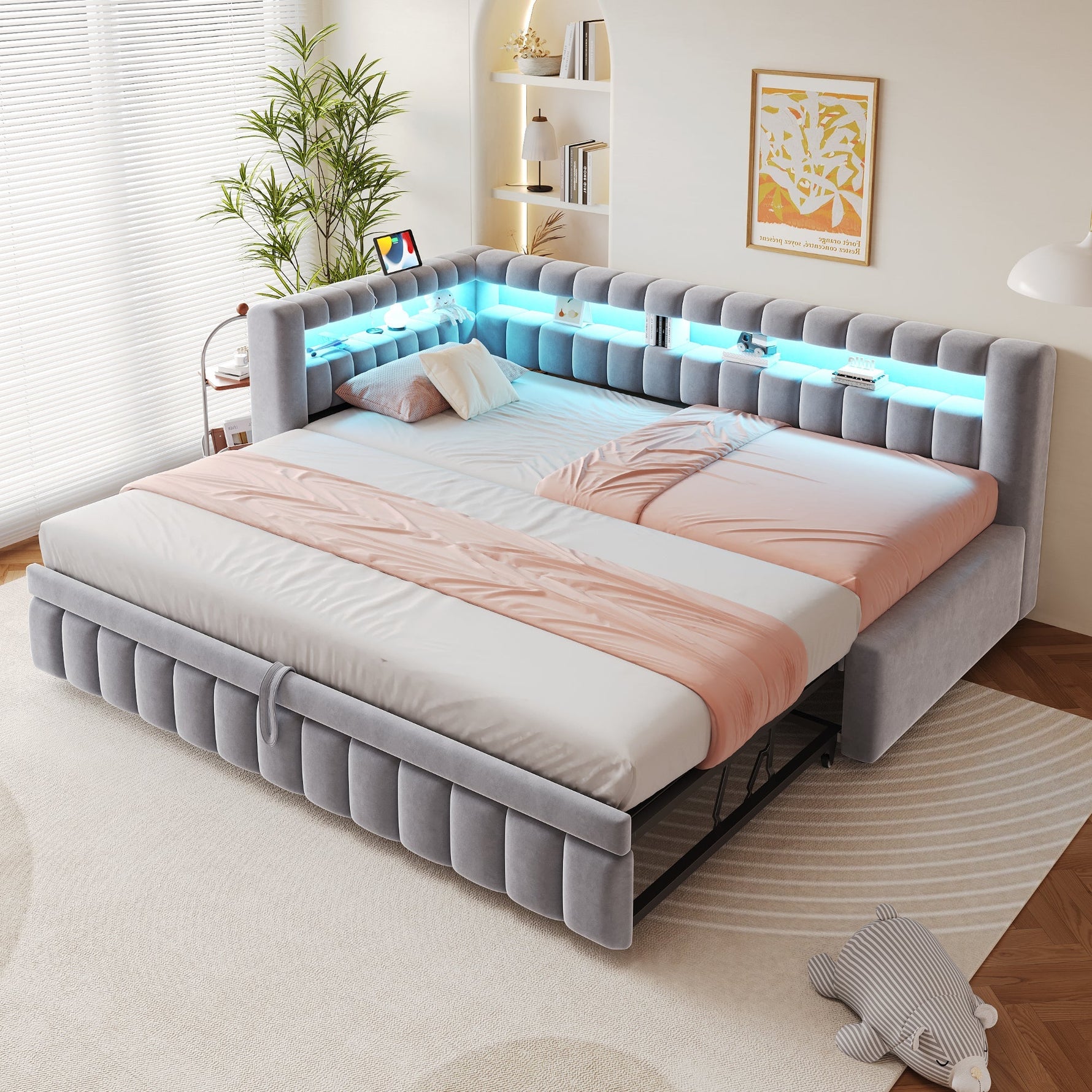 Upholstered Extendable Sofa Bed with LED Lighting, USB Port and Striped Pattern, 90x200cm, Light Grey Velvet