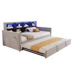Upholstered Sofa Bed 90x190cm with Storage Headboard, LED Lights and Charging Ports, Velvet, Light Grey