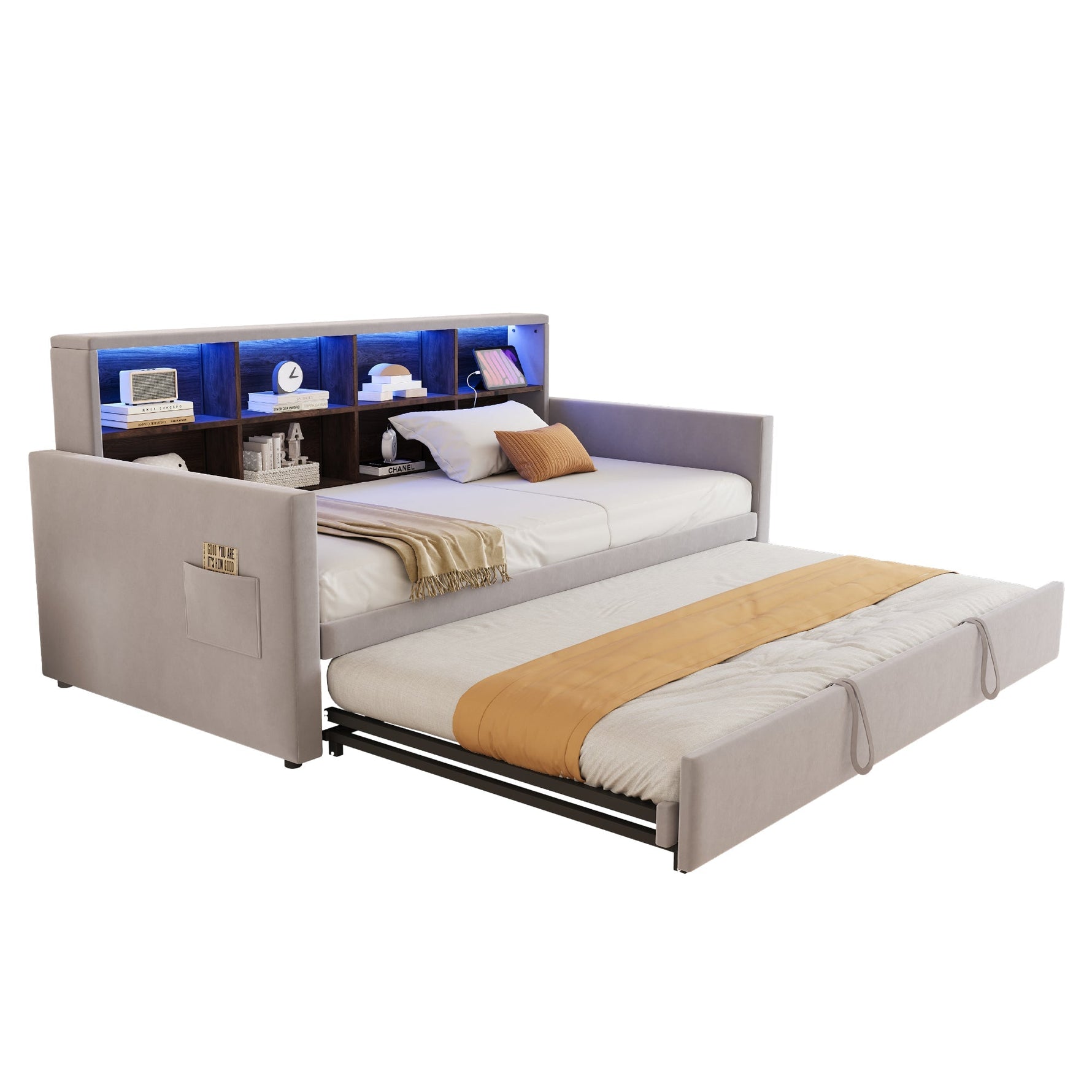 Upholstered Sofa Bed 90x190cm with Storage Headboard, LED Lights and Charging Ports, Velvet, Light Grey
