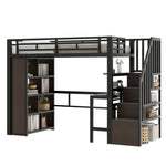 Loft Bed 90x200 cm with Desk, Storage & LED, Black Iron Frame