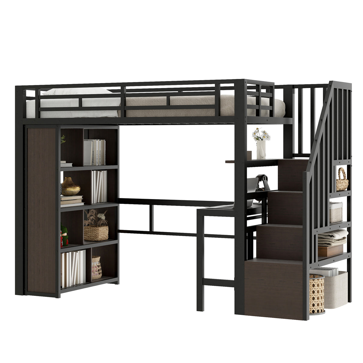 Loft Bed 90x200 cm with Desk, Storage & LED, Black Iron Frame