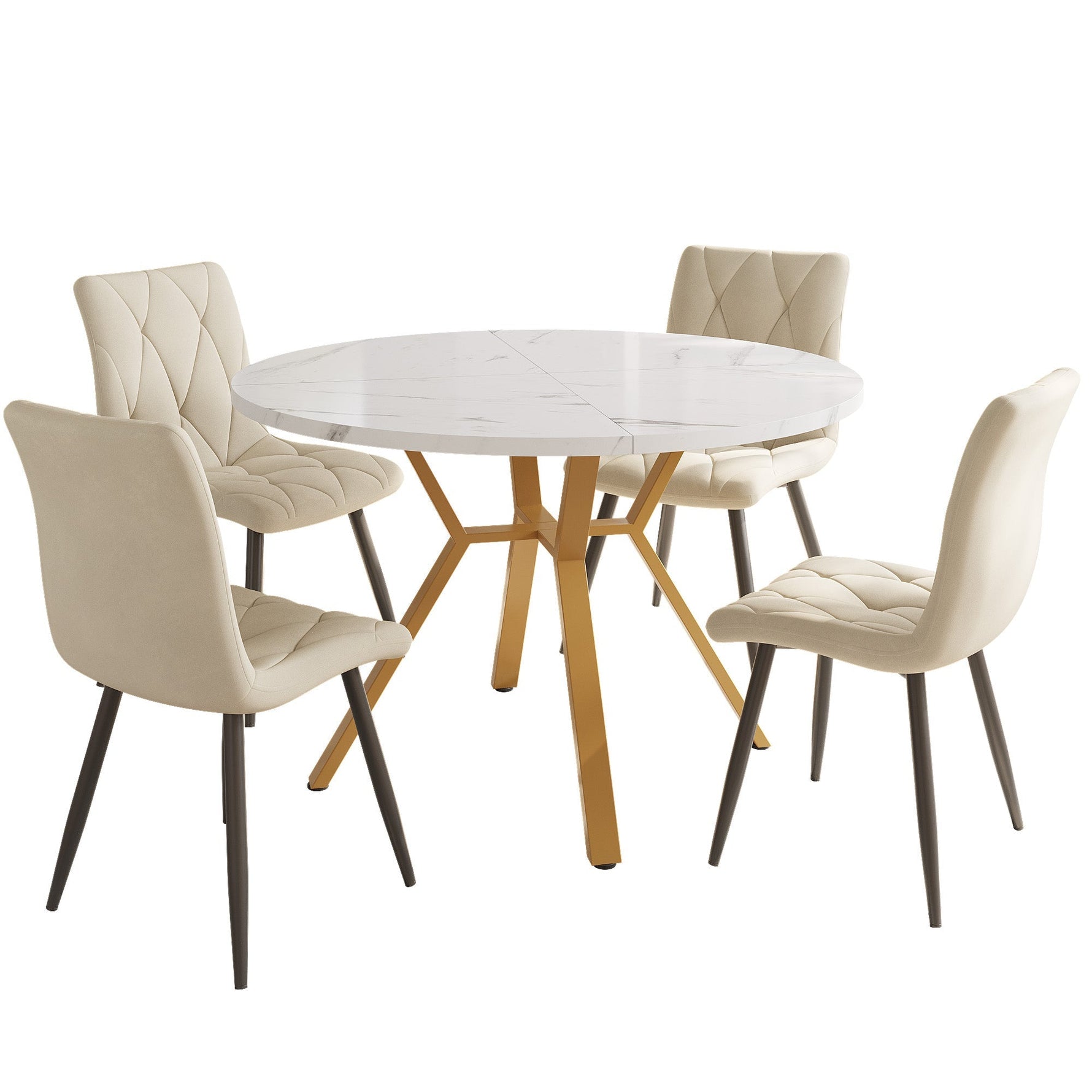5-Piece Dining Set Round Marble Top Gold Legs 4 Velvet Chairs - Beige