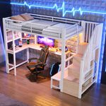 Loft Bed 90x200cm with Desk, LED Lighting & Storage - White
