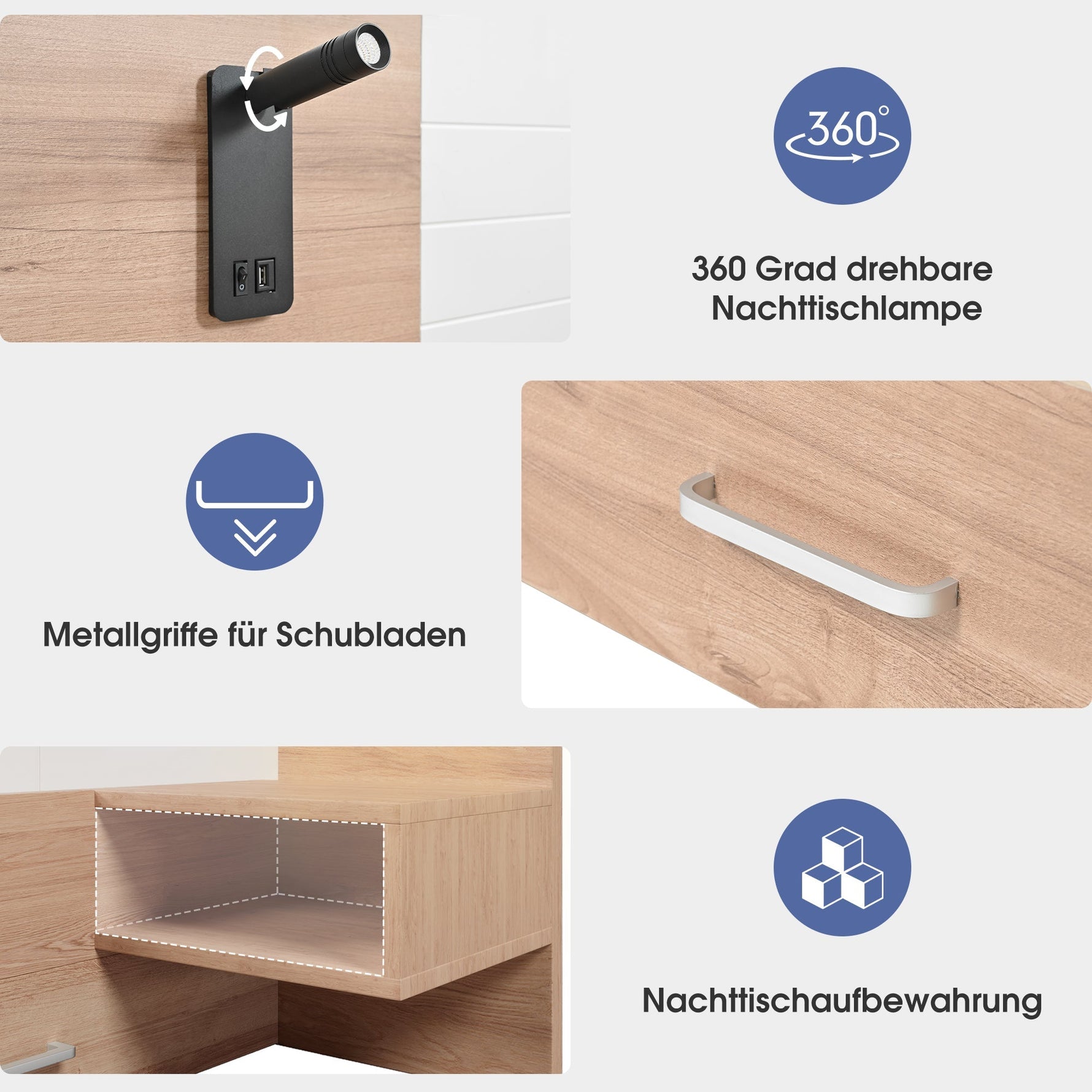 Double Bed 140x200cm, 2 Drawers, USB Reading Light, 2 Bedside Tables, Oak/White Wood