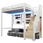 Loft Bed 90x200cm with Storage Ladder & LED Lights, White Iron Frame