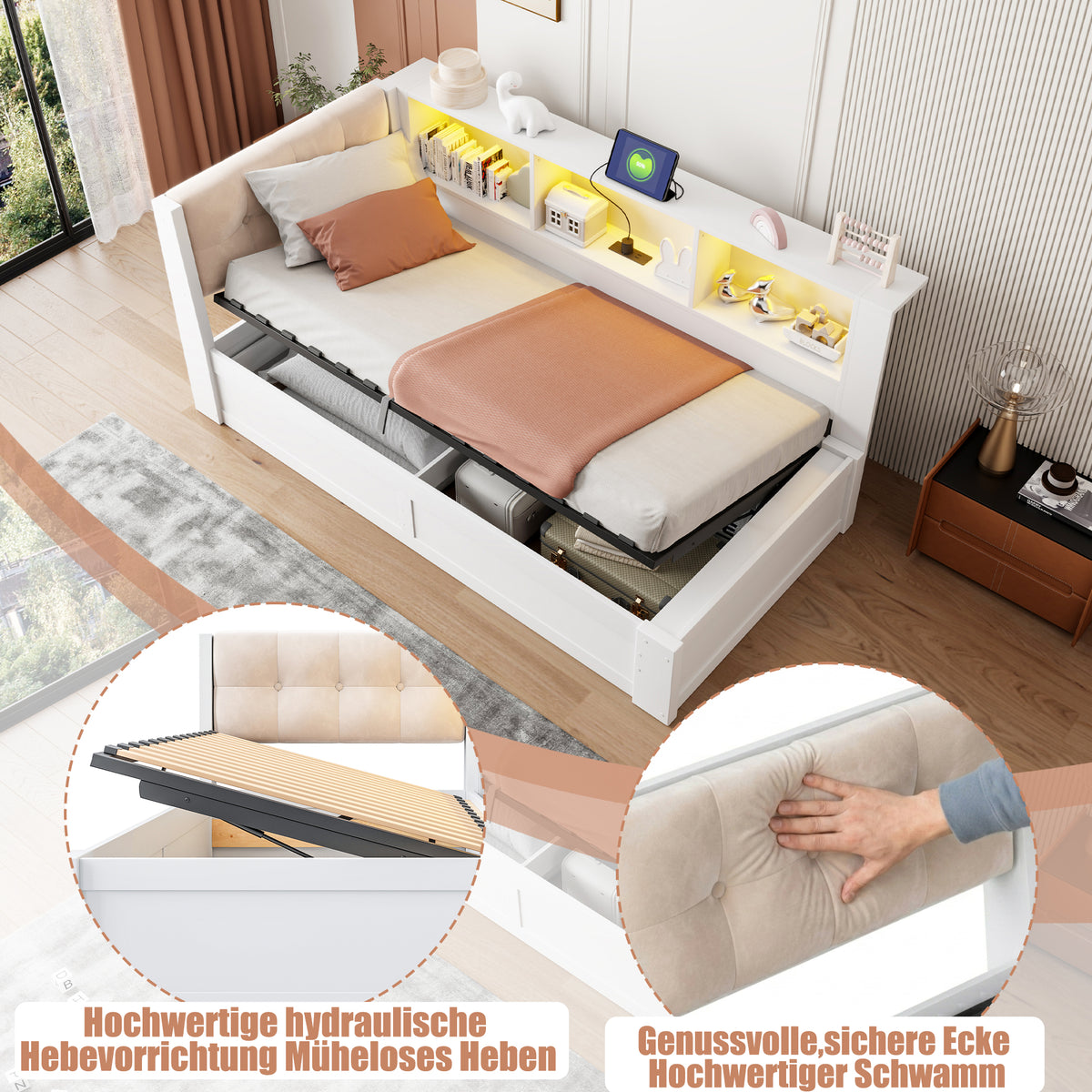 Daybed with Hydraulic Storage 90x200cm Pine Wood White