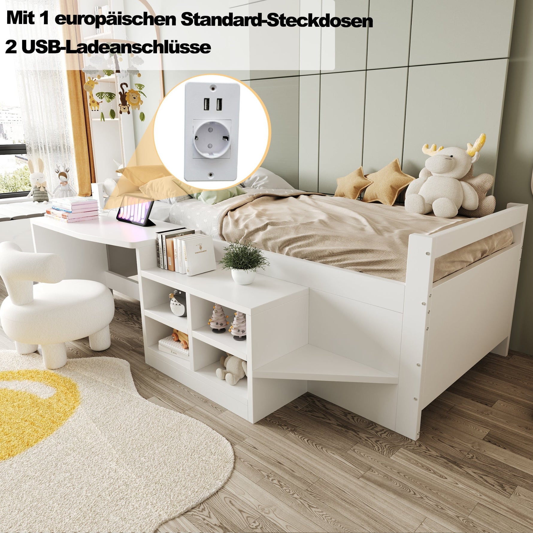 Children's Bed 90x200cm, Storage & Desk with Sockets, Wooden White
