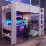 Loft Bed with Gaming Desk, LED Lights and Storage Shelves, White
