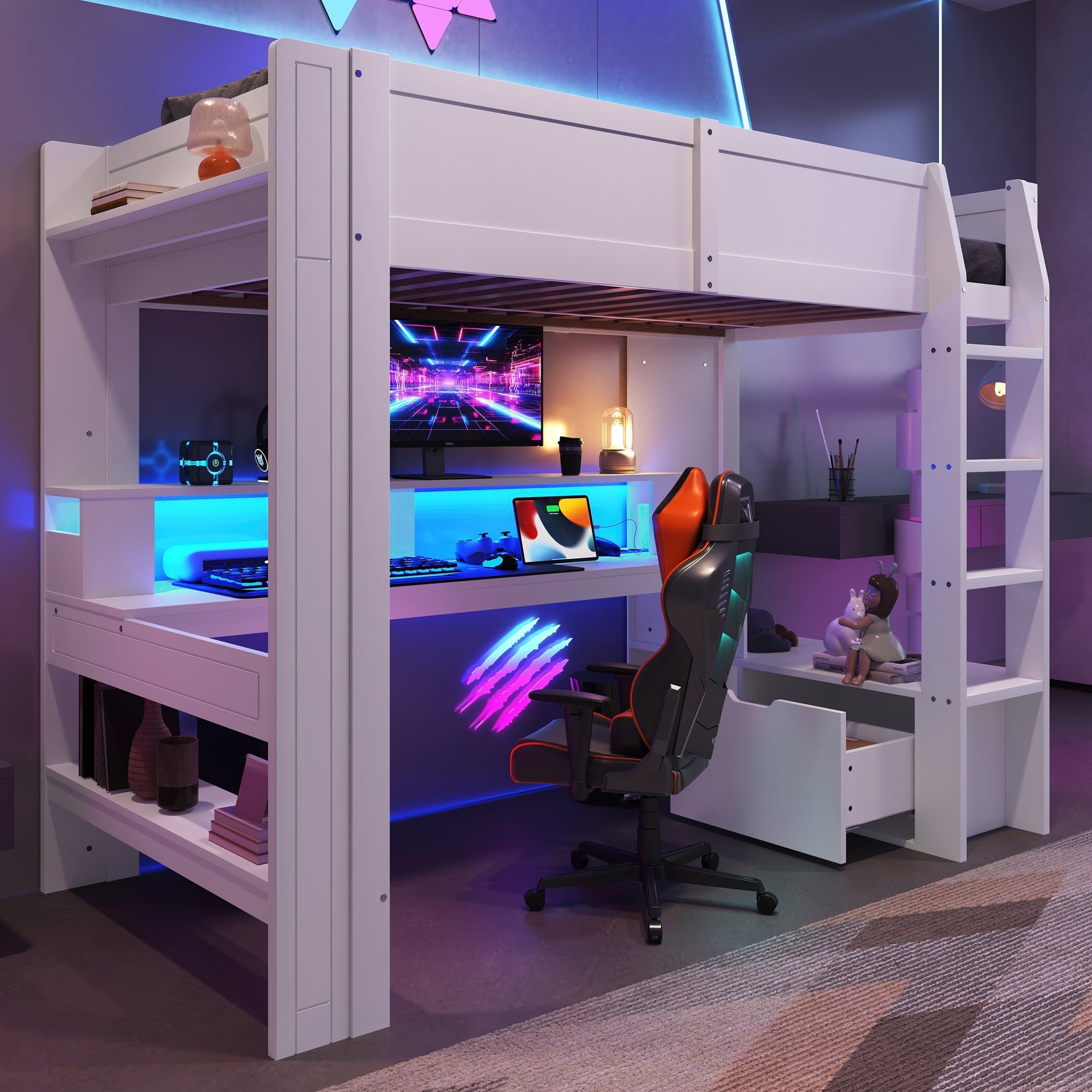 Loft Bed with Gaming Desk, LED Lights and Storage Shelves, White