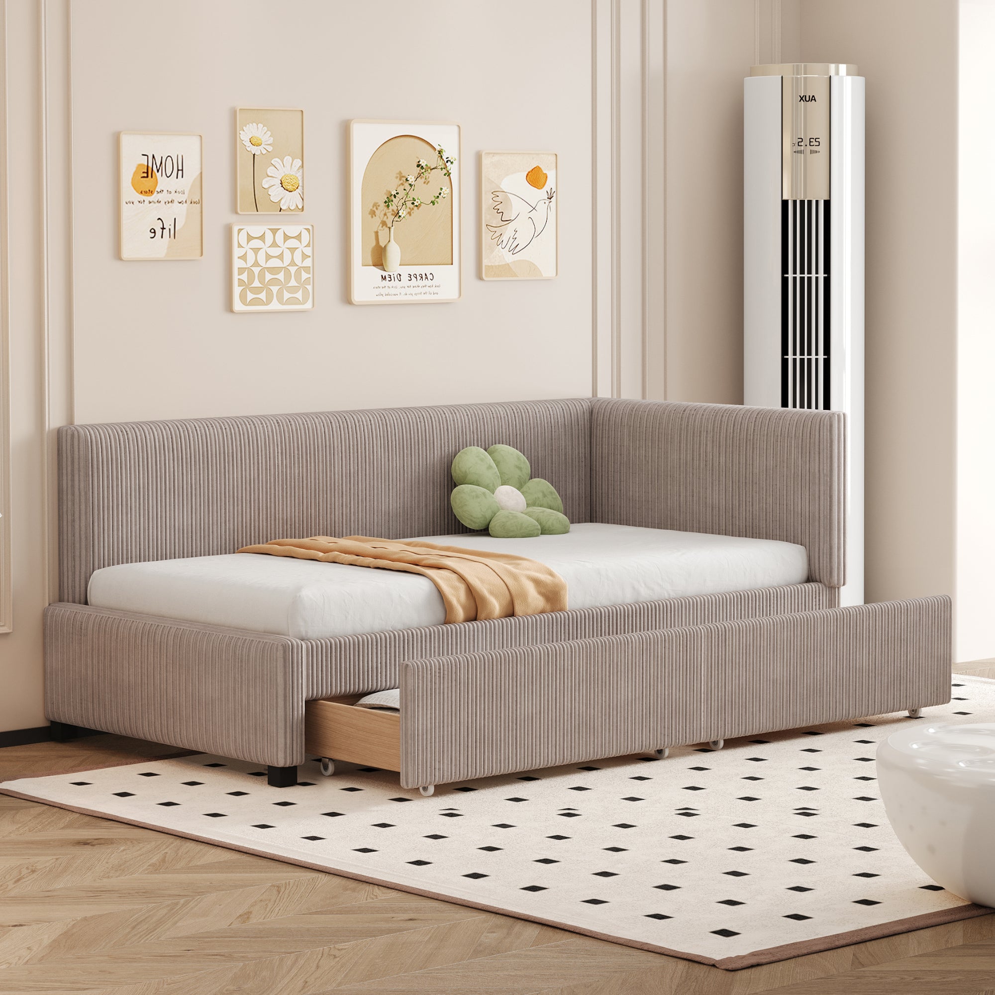 Upholstered Bed Sofa, 90x200 Multifunctional with 2 Storage Drawers, Gray Velvet