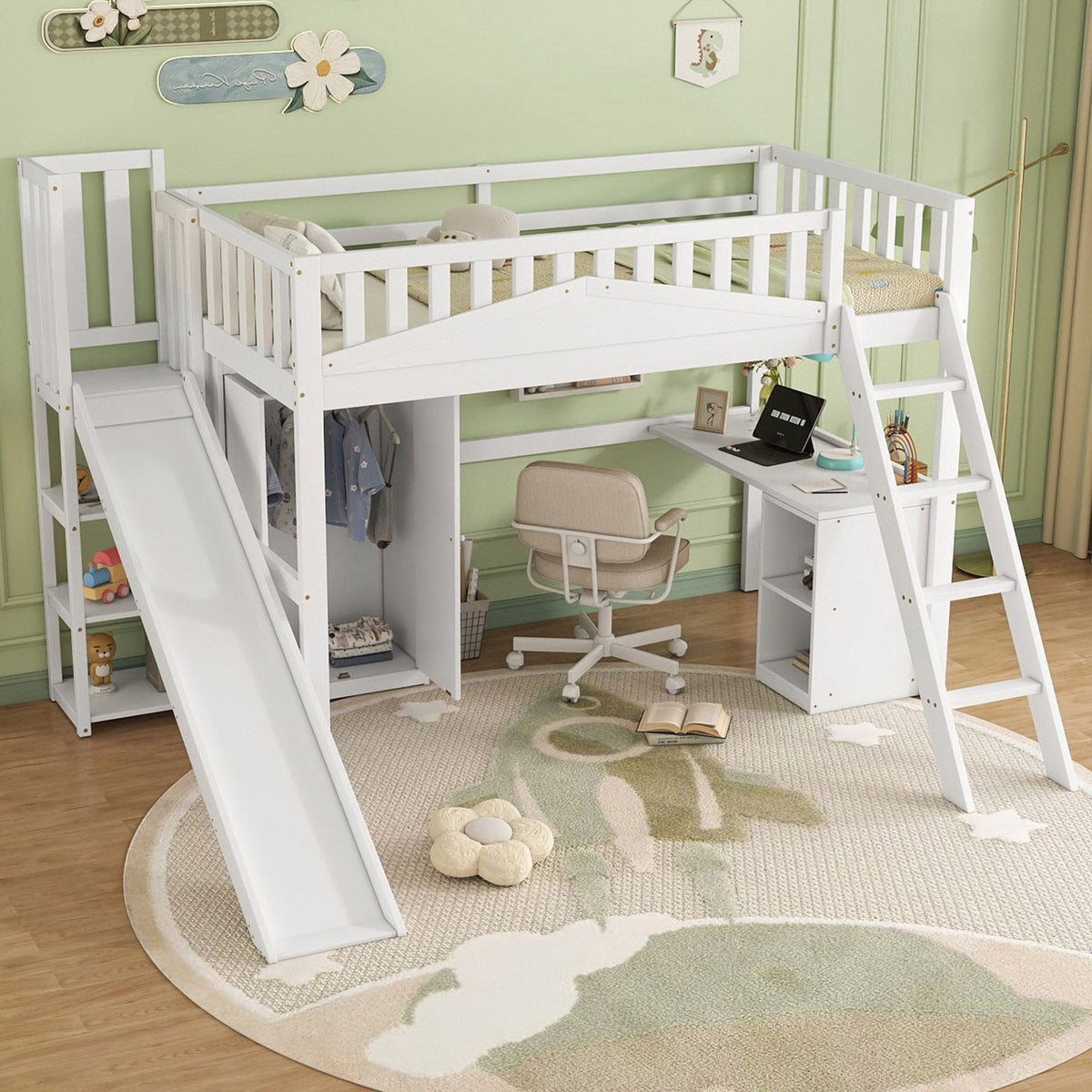 Bunk Bed, Children's with Safety Gate, Table, Wardrobe & Ladder, Pine+MDF+Plywood, White, 90x200cm