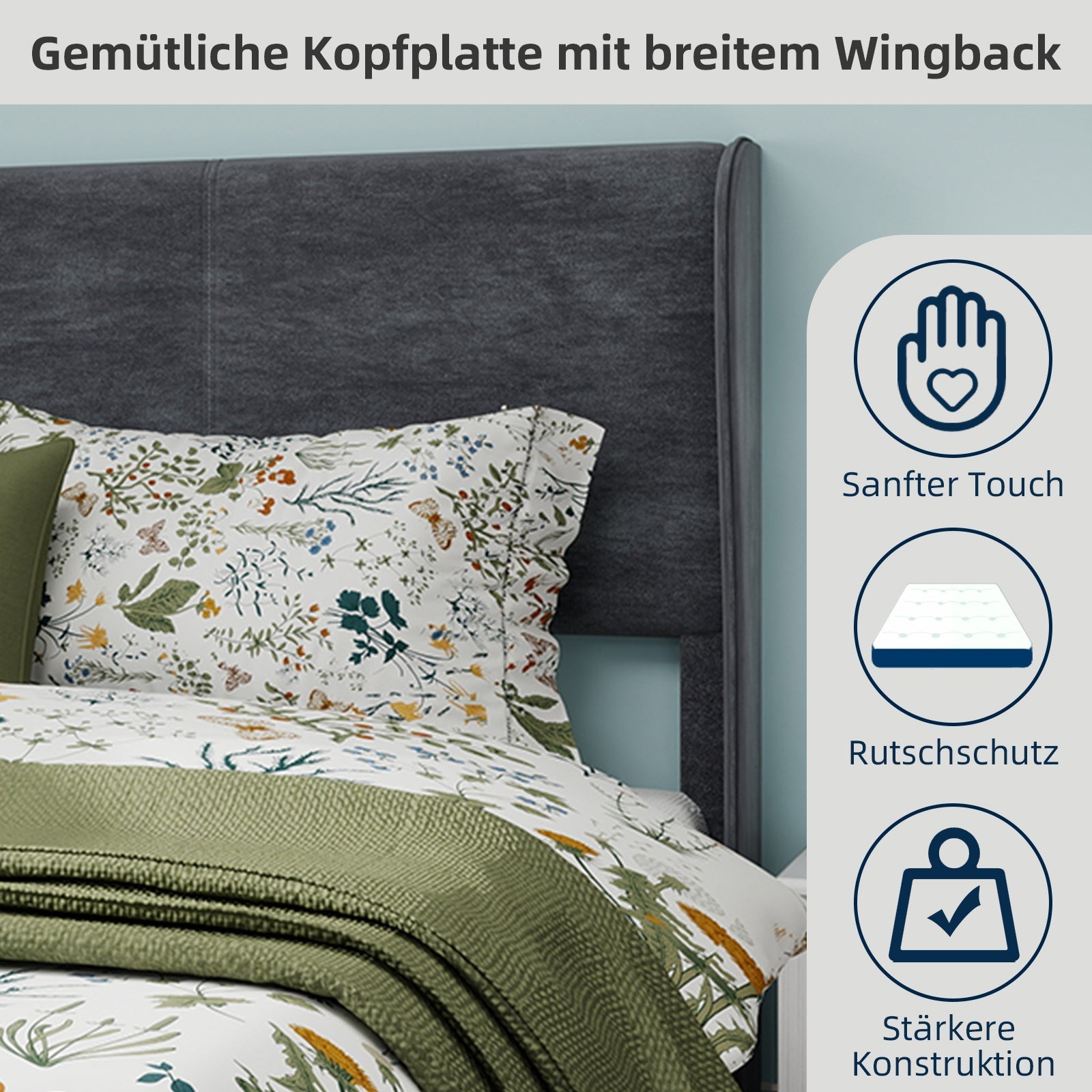 Upholstered Bed, Modern Minimalist with Soft Headboard, 140x200 cm, Grey