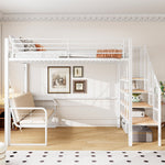 Bunk Bed with Removable Sofa, Storage and Safety Stairs, 140x200cm, White Metal