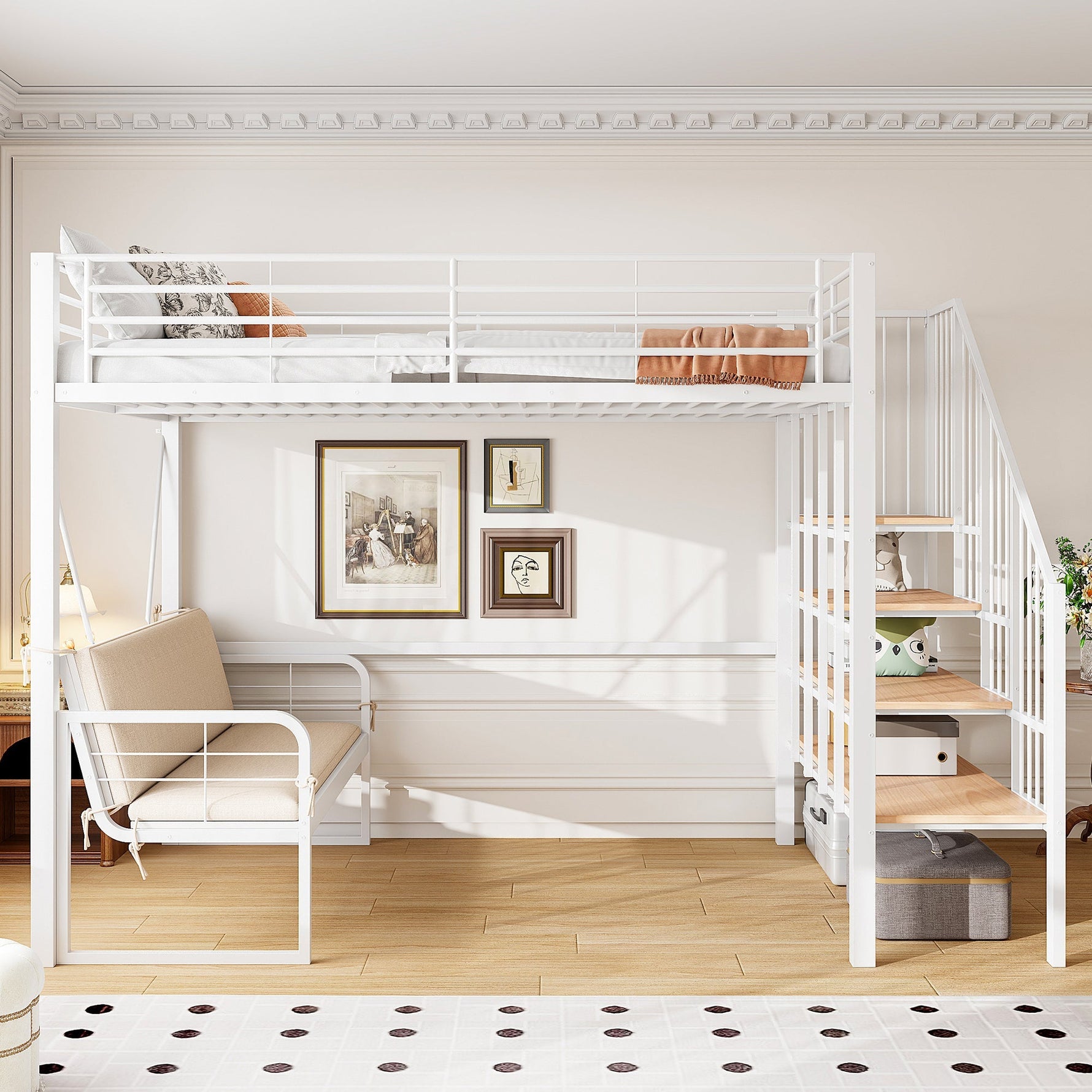 Bunk Bed with Removable Sofa, Storage and Safety Stairs, 140x200cm, White Metal