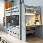 Kids Bunk Bed 90x200cm with Desk, LED & Drawers, Wooden Grey