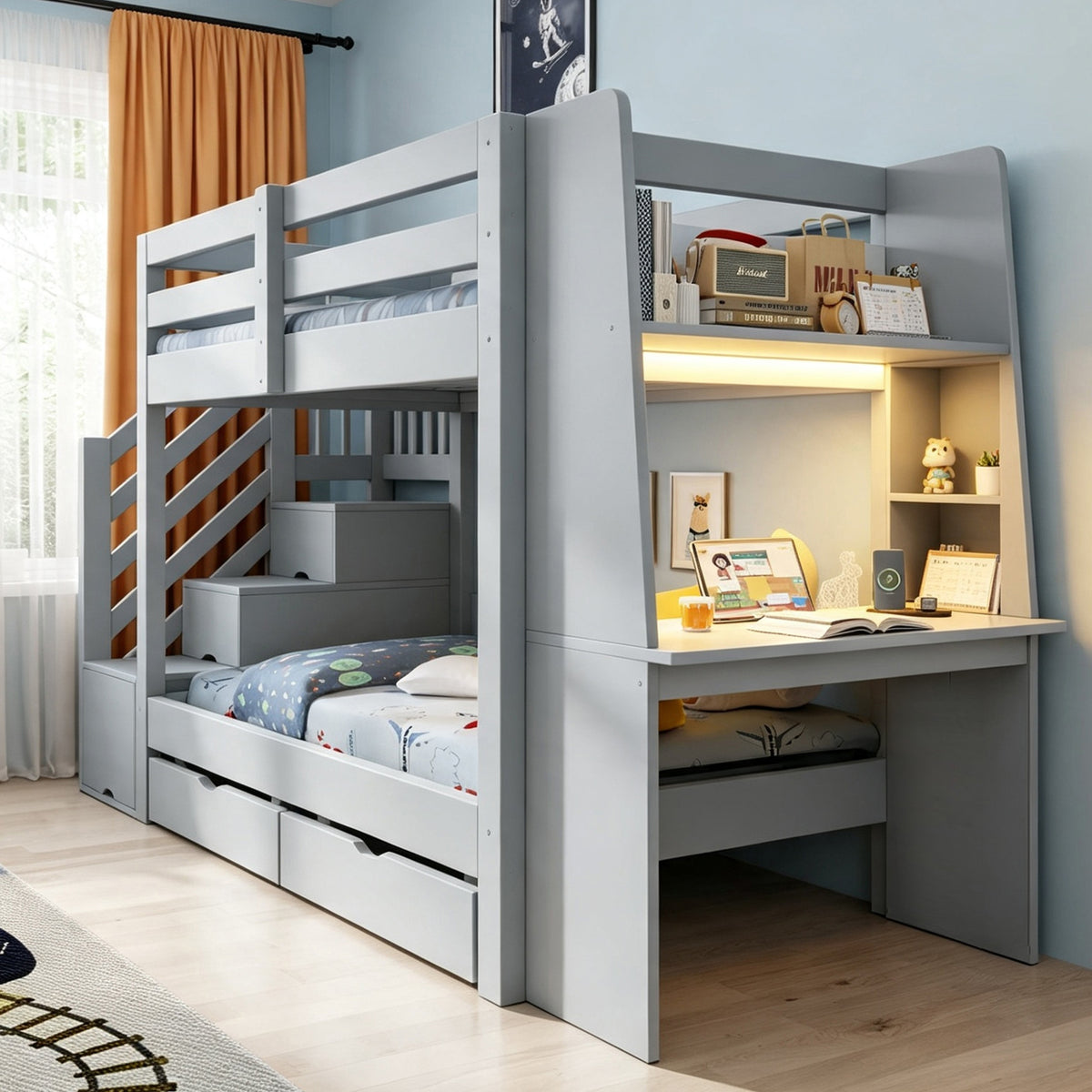 Kids Bunk Bed 90x200cm with Desk, LED & Drawers, Wooden Grey