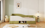 Upholstered Sofa Bed 90x190cm Multifunctional 2 Drawers Railings - Velvet Dark Green/Cream White