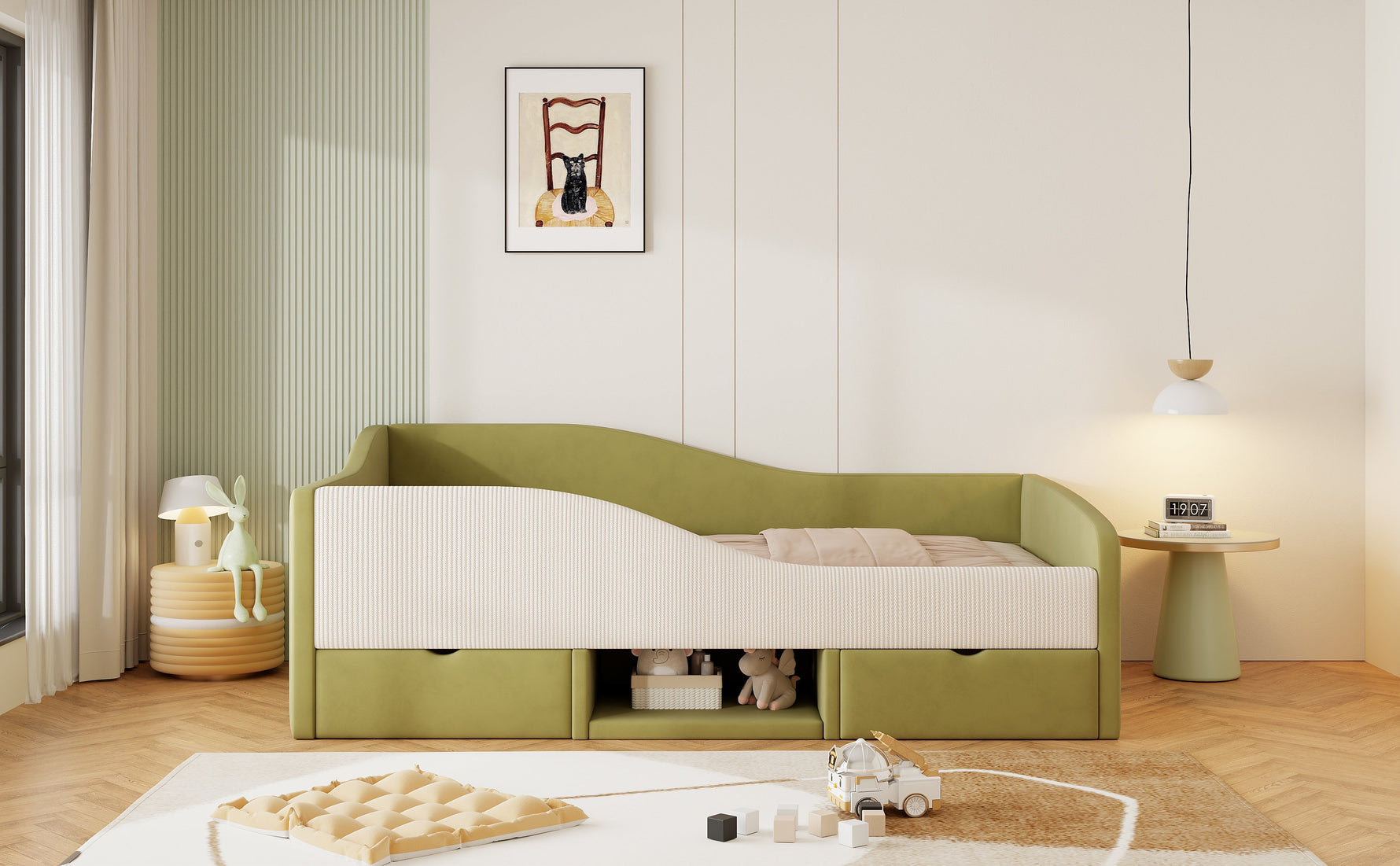 Upholstered Sofa Bed 90x190cm Multifunctional 2 Drawers Railings - Velvet Dark Green/Cream White
