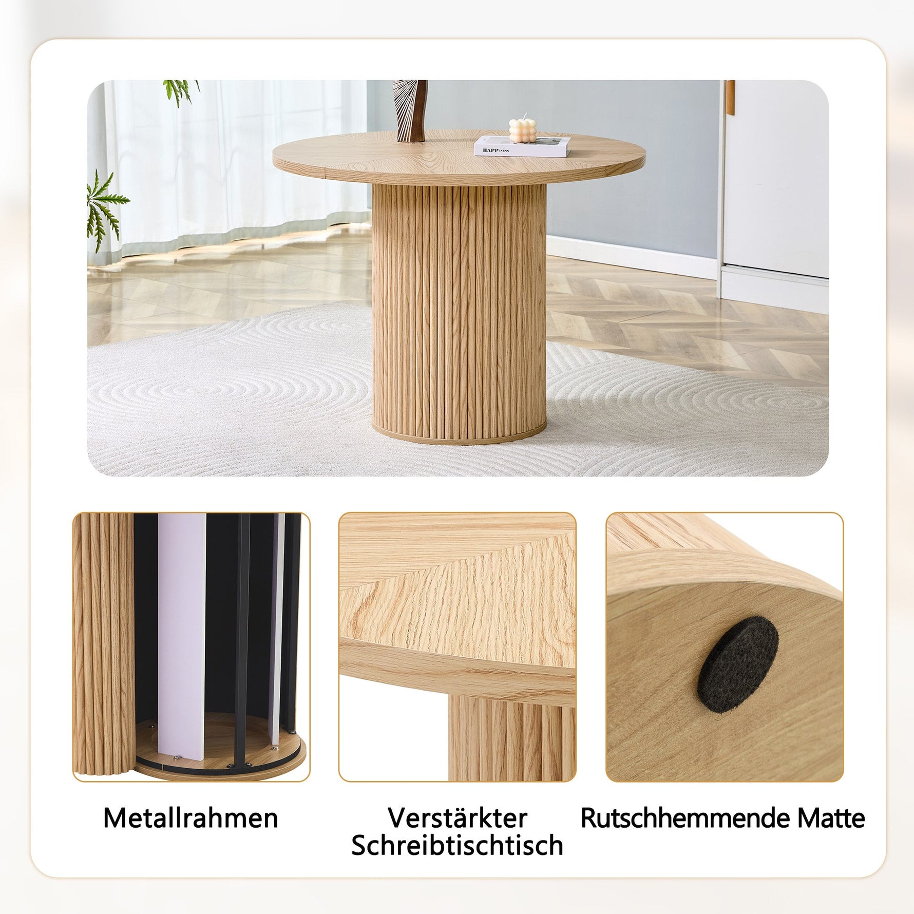 Minimalist Round Dining Set 100cm 4 Chairs Faux Leather - Light Wood/Grey