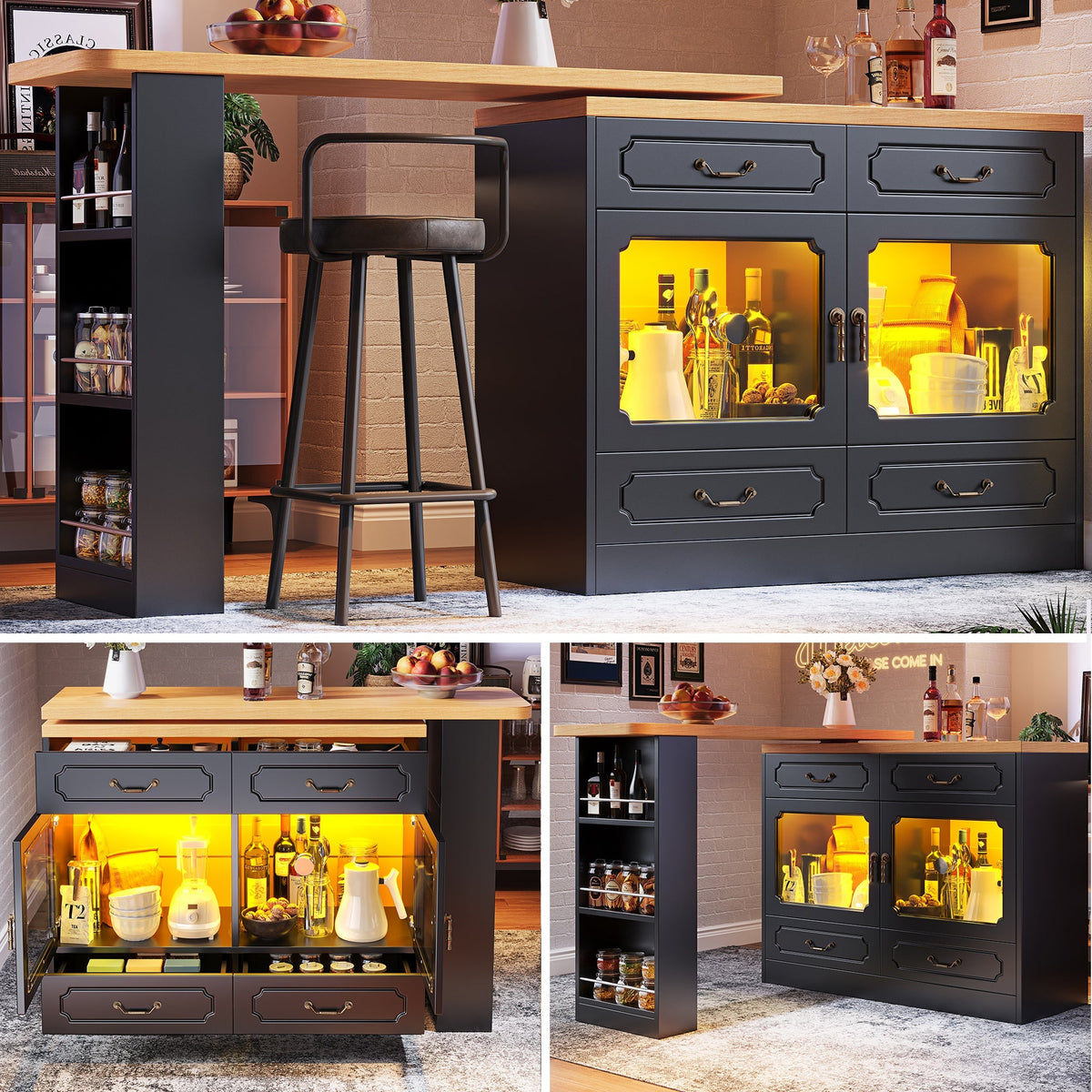 Extendable Bar Table 360° Rotating Storage LED 135-203cm - Black