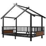 Children's House Bed 90x200cm with Safety Rail & Roof, Black Metal