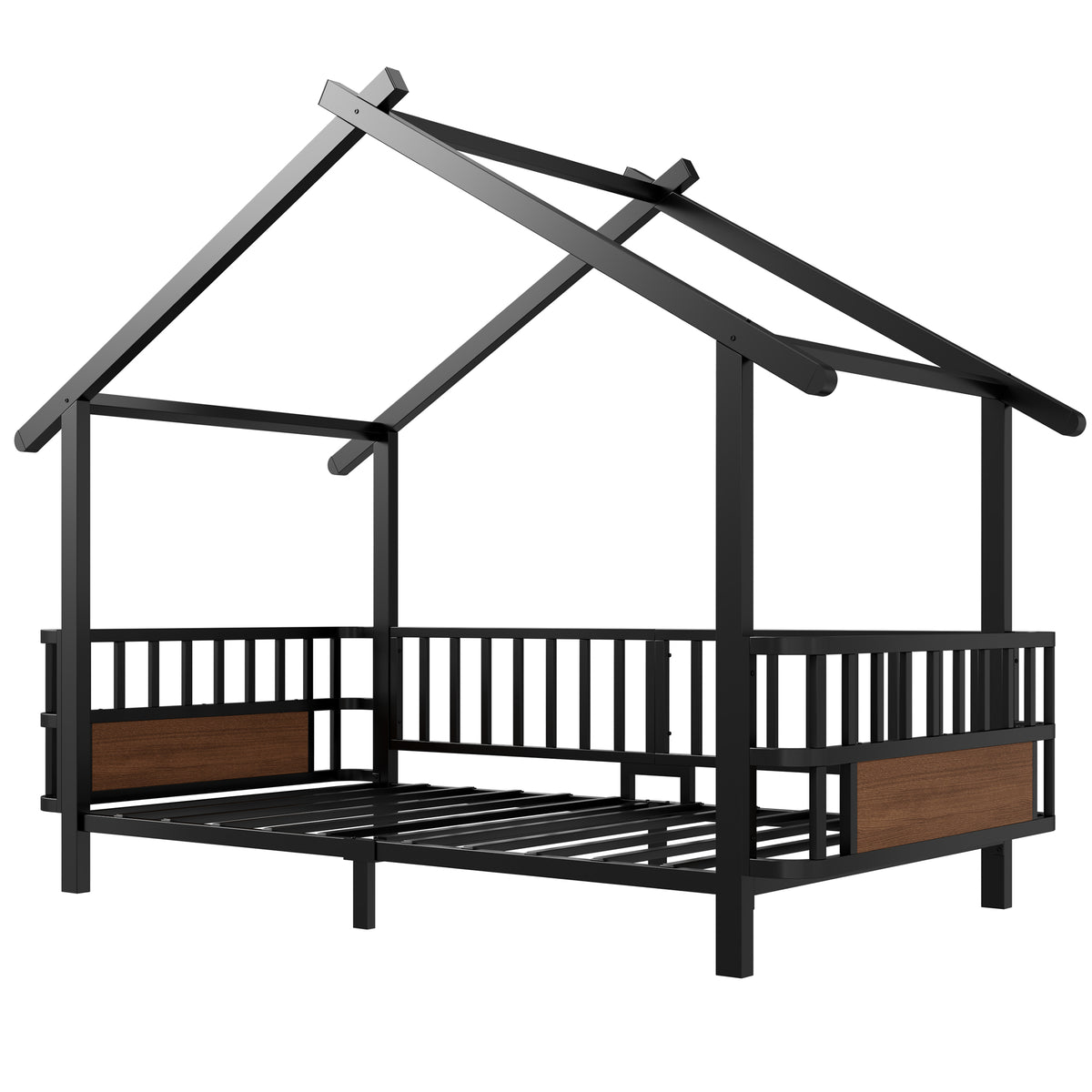 Children's House Bed 90x200cm with Safety Rail & Roof, Black Metal