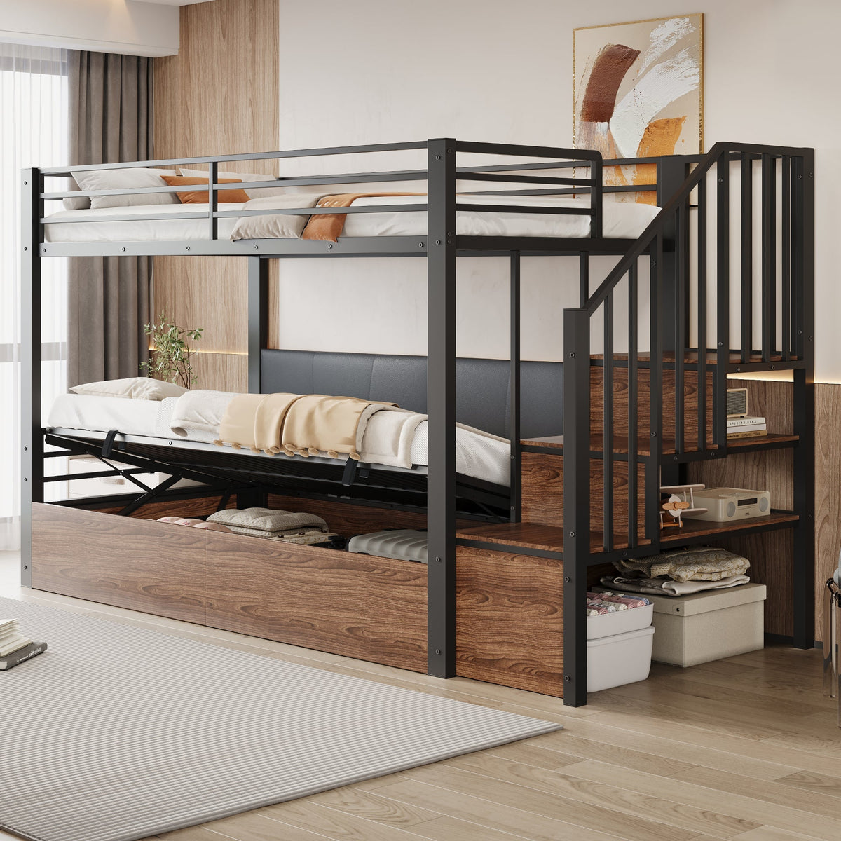 Iron Loft Bed with Hydraulic Function, Padded Backrest and Safety Ladder, 90x200cm, Black PU